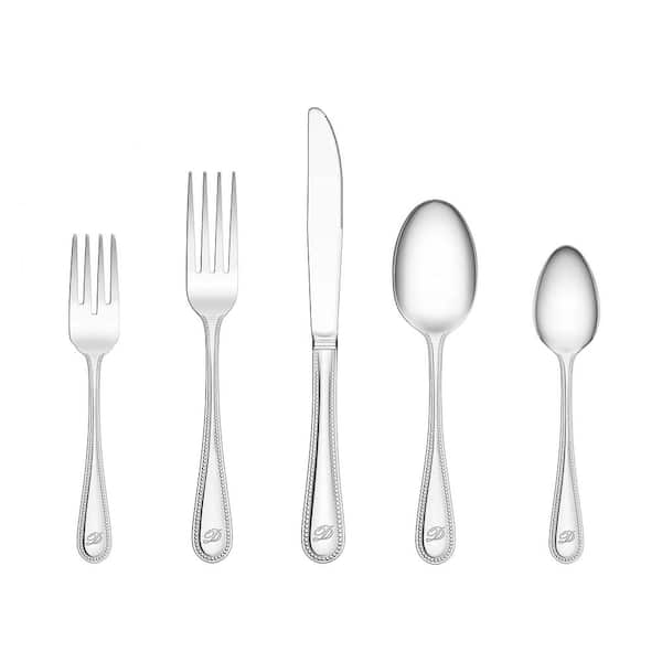 Beaded Monogrammed Letter D 46-Piece Silver Stainless Steel Flatware Set (Service for 8)