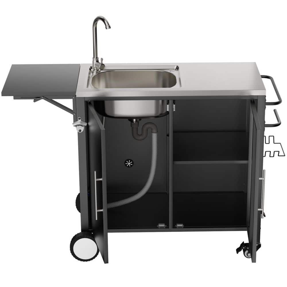 Sudzendf Black Metal Outdoor Bar Grill Table Cart with 304