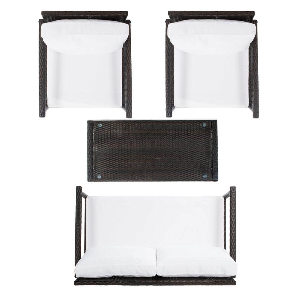 Coastal Charm Brown Wicker 4-Person Outdoor Living Set with White Cushions