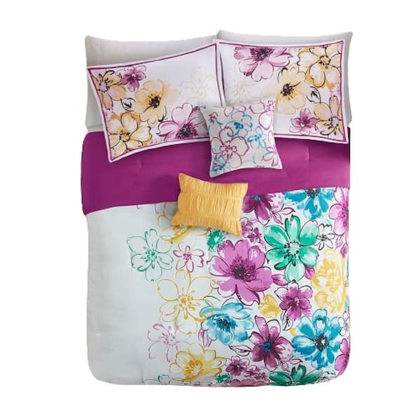 Afoxsos Asymmetrical Queen Size Polyester Floral Comforter Set 1 Comforter, 2 Shams, 1 Square and 1 Oblong Pillow Case in Blue