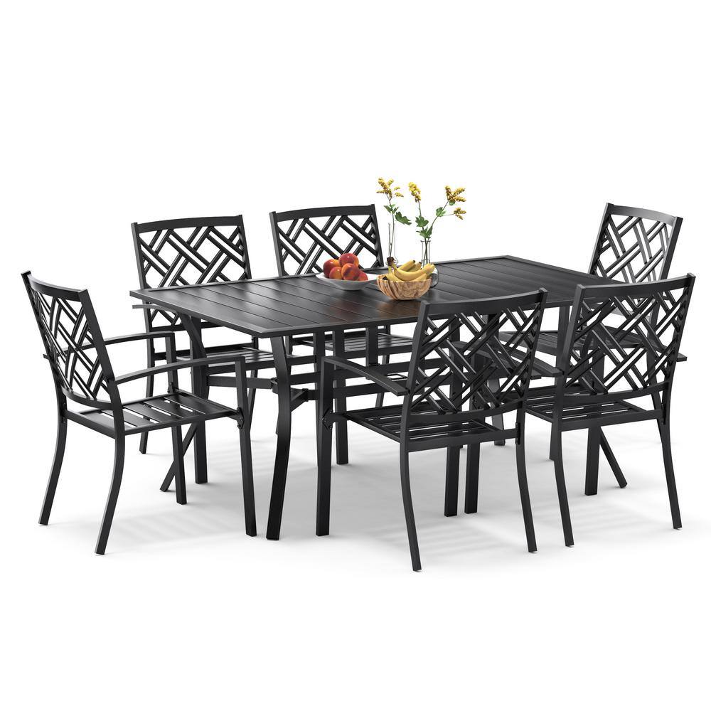Black 7-Piece 63 in. Metal Patio Dining Set Rectangular Table w/1.57 in. Umbrella Hole and Stackable Chairs for Backyard