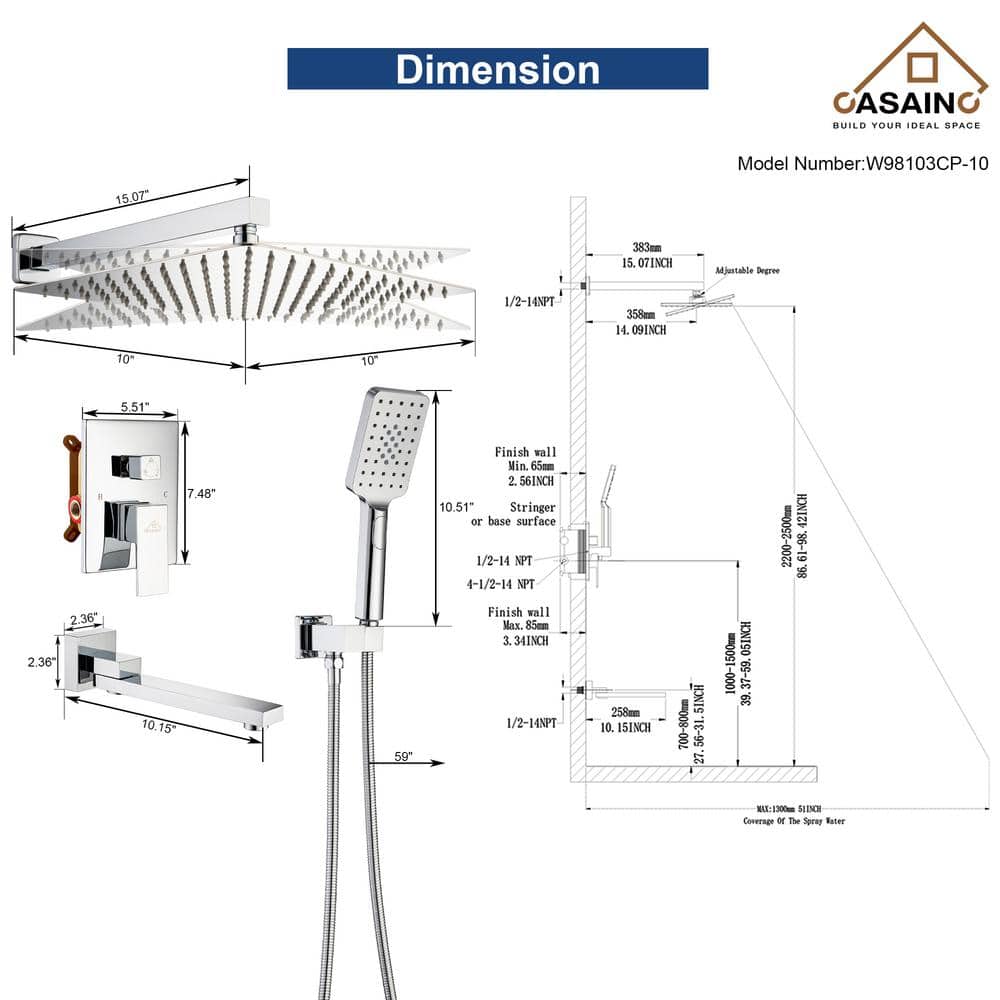 Chrome 10" Square Wall Mounted Rainfall Shower System with Handheld