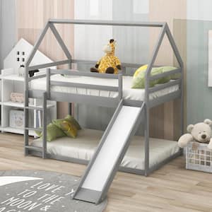 Gray Twin over Twin Wood House Bunk Bed with Slide and Ladder