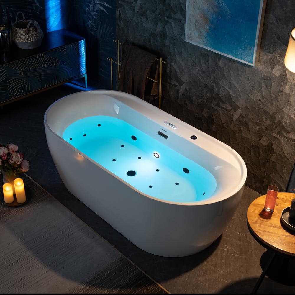 72" White Acrylic Freestanding Whirlpool Tub with Matte Black Trim