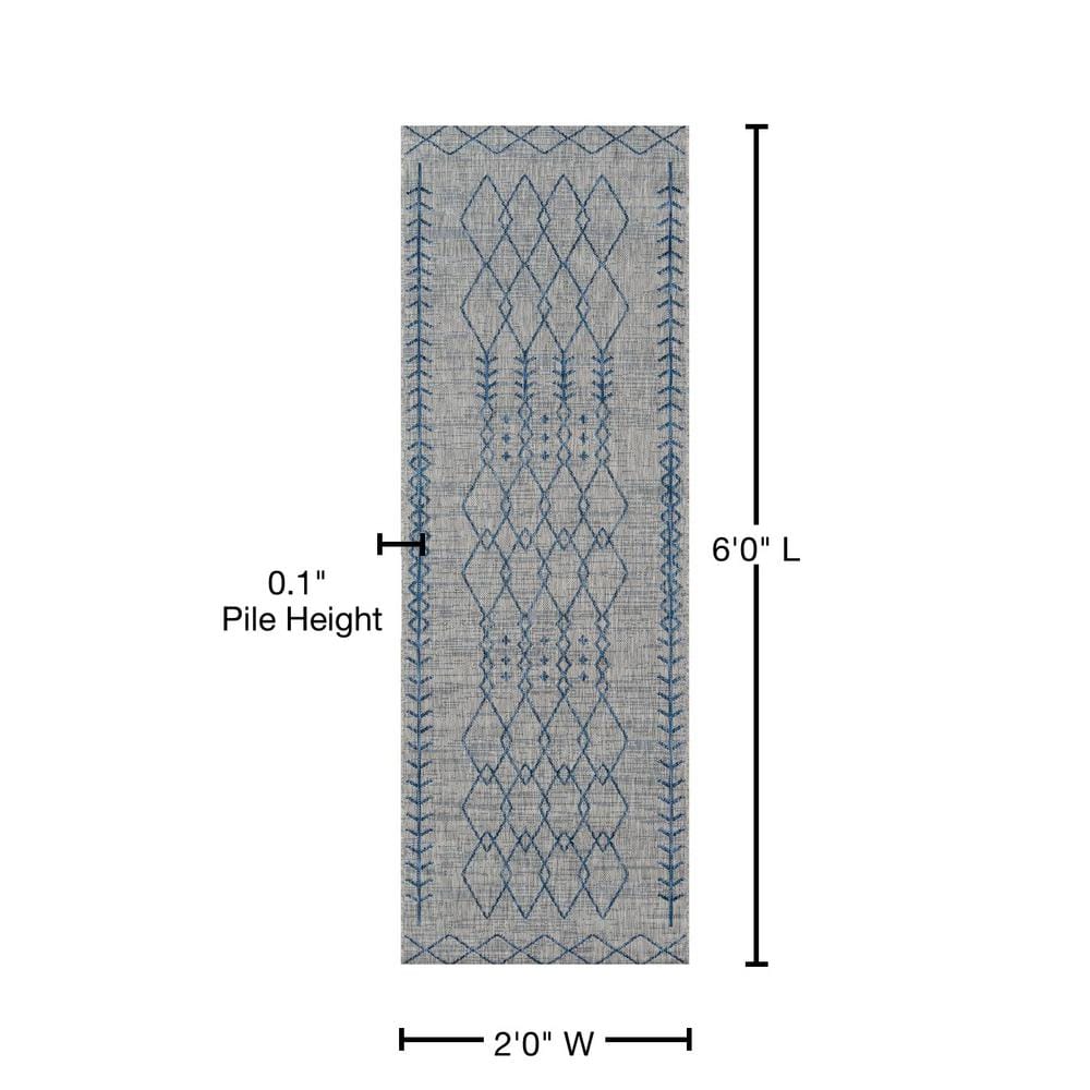 Gray and Blue Geometric Washable Synthetic Runner Rug