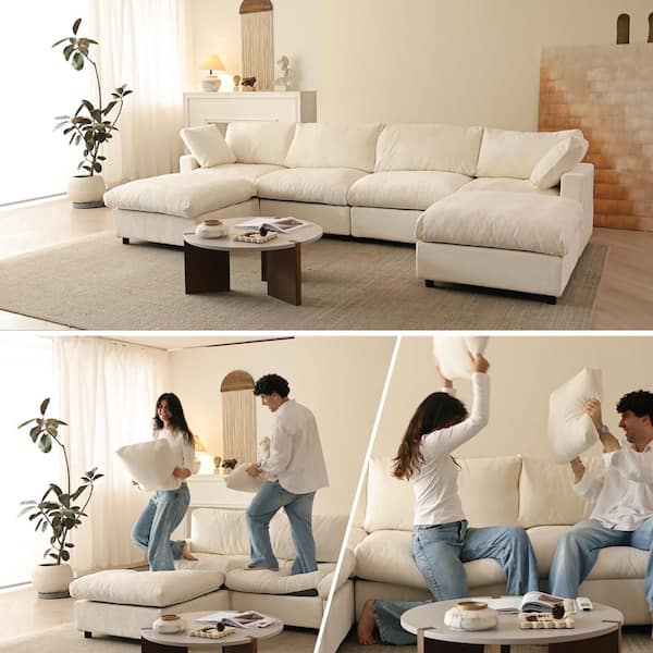 100 in. Square Arm 6-Piece Chenille L-Shaped Modualr Sectional Sofa with Detachable Covers, Ottoman in. Beige for Office