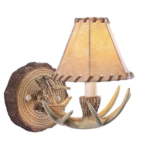 Lodge 1-Light Rustic Wood Antler Armed Wall Sconce Faux Leather Shade