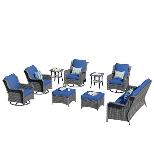OVIOS Janus Gray 9-Piece Wicker Patio Conversation Seating Set with Navy Blue Cushions and Swivel Chairs