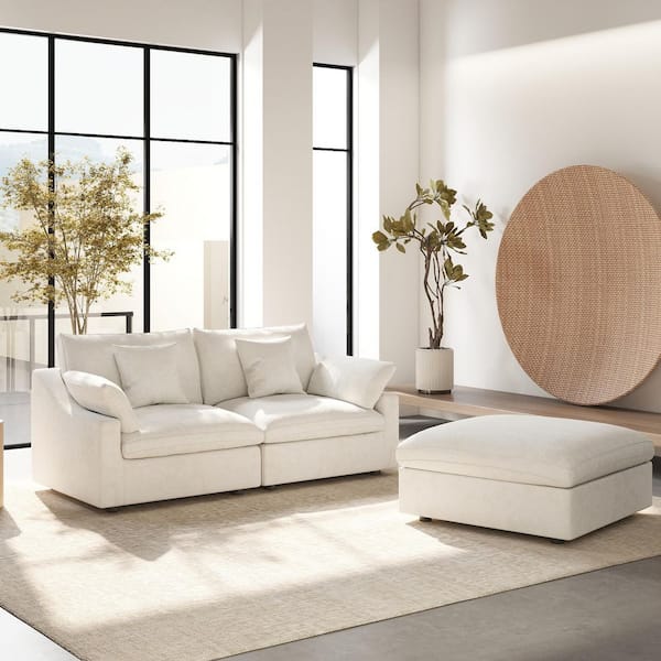 Modular Oversized Seat 83 in. Plush Linen Flared Arm Loveseat Cloud Couch Sofa with Ottoman, Washable Cover in White