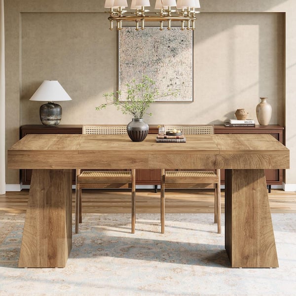 Moronia 55-Inch Light Brown Rectangular Wood Double Pedestal Dining Table Seats 4