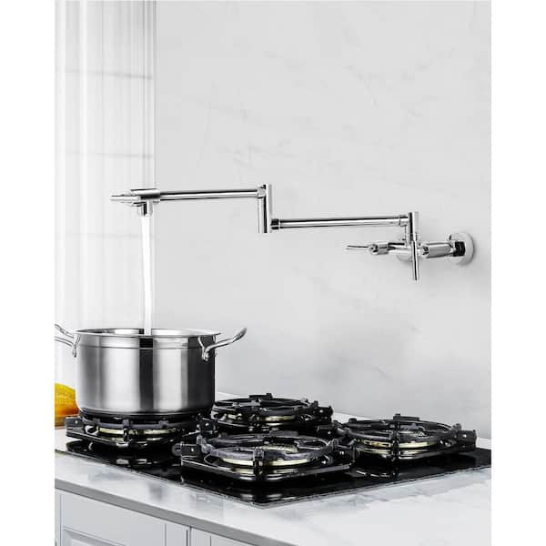 Wall Mounted Brass Pot Filler Folding Faucet with Double Joint Swing Arms and Hot Cold Water in Polished Chrome