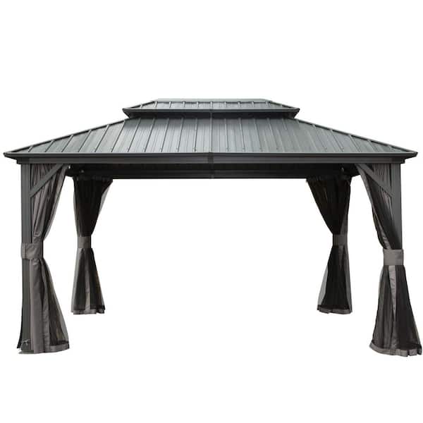 ToolCat 10 ft. x 12 ft. Gray Hardtop Gazebo, Aluminum Metal Gazebo with Galvanized Steel Double Roof Canopy, Curtain and Netting
