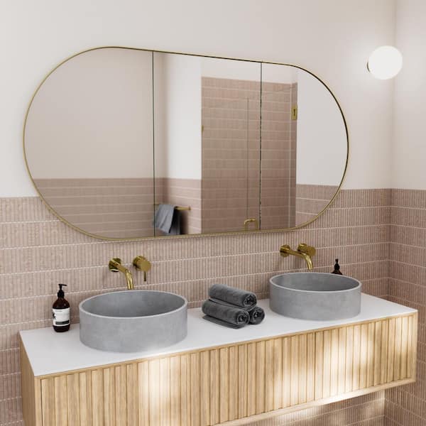 Nia 60 in. W x 30 in. H x 5 in. D Satin Brass Recessed Medicine Cabinet with Mirror