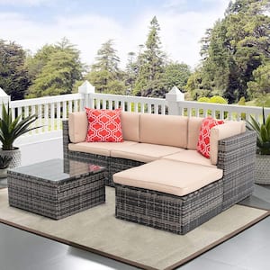 5-Pieces Rattan Wicker Outdoor Sectional Cushioned Sofa Set with 2 Pillow and Coffee Table Beige Cushion Patio Furniture