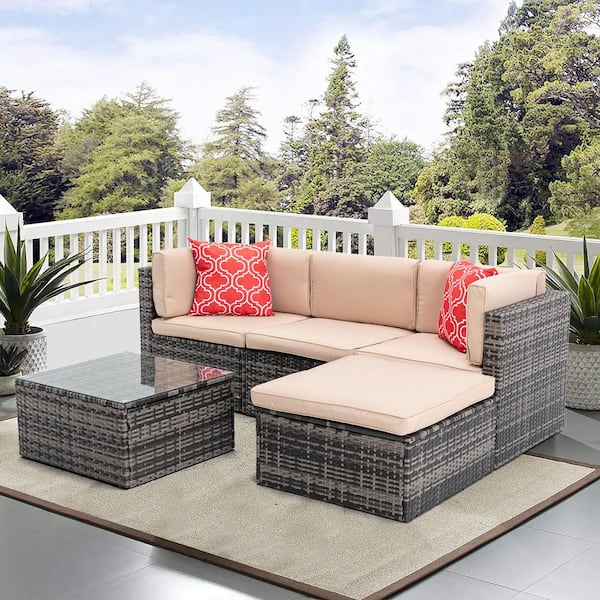 Tunearary 5-Pieces Rattan Wicker Outdoor Sectional Cushioned Sofa Set with 2 Pillow and Coffee Table Beige Cushion Patio Furniture