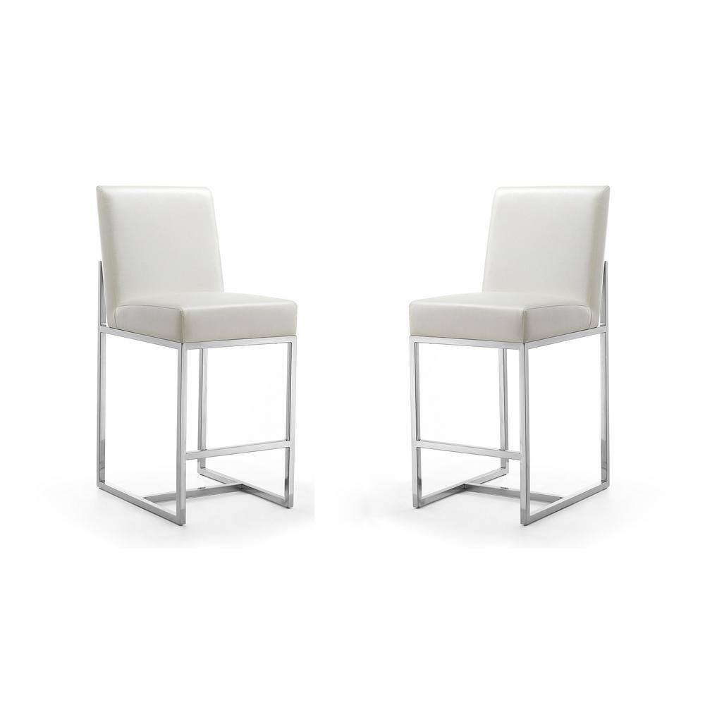 Pearl White Polished Chrome Metal Counter Height Barstools, Set of 2