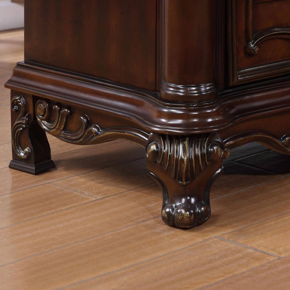 Dark Cherry Solid Wood 5-Drawer Chest with Carved Details