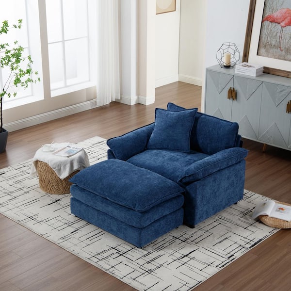 Venti Blue Chenille Fabric Upholstered Arm Chair with Ottoman