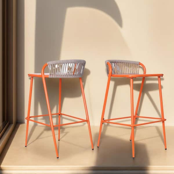 CHRISTOPHER KNIGHT HOME Hastings 29 in. Patio Rope and Aluminum Outdoor Bar Stools, Orange, Set of 2