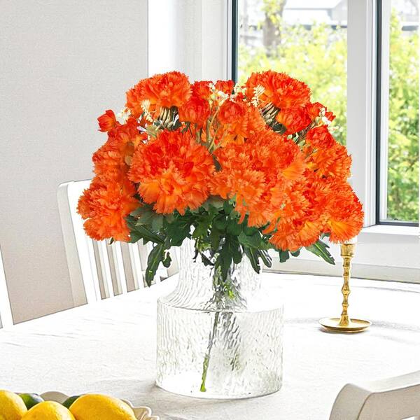 LIVING LUXURY 18 in. Orange Artificial Carnation Flower Stem Bush