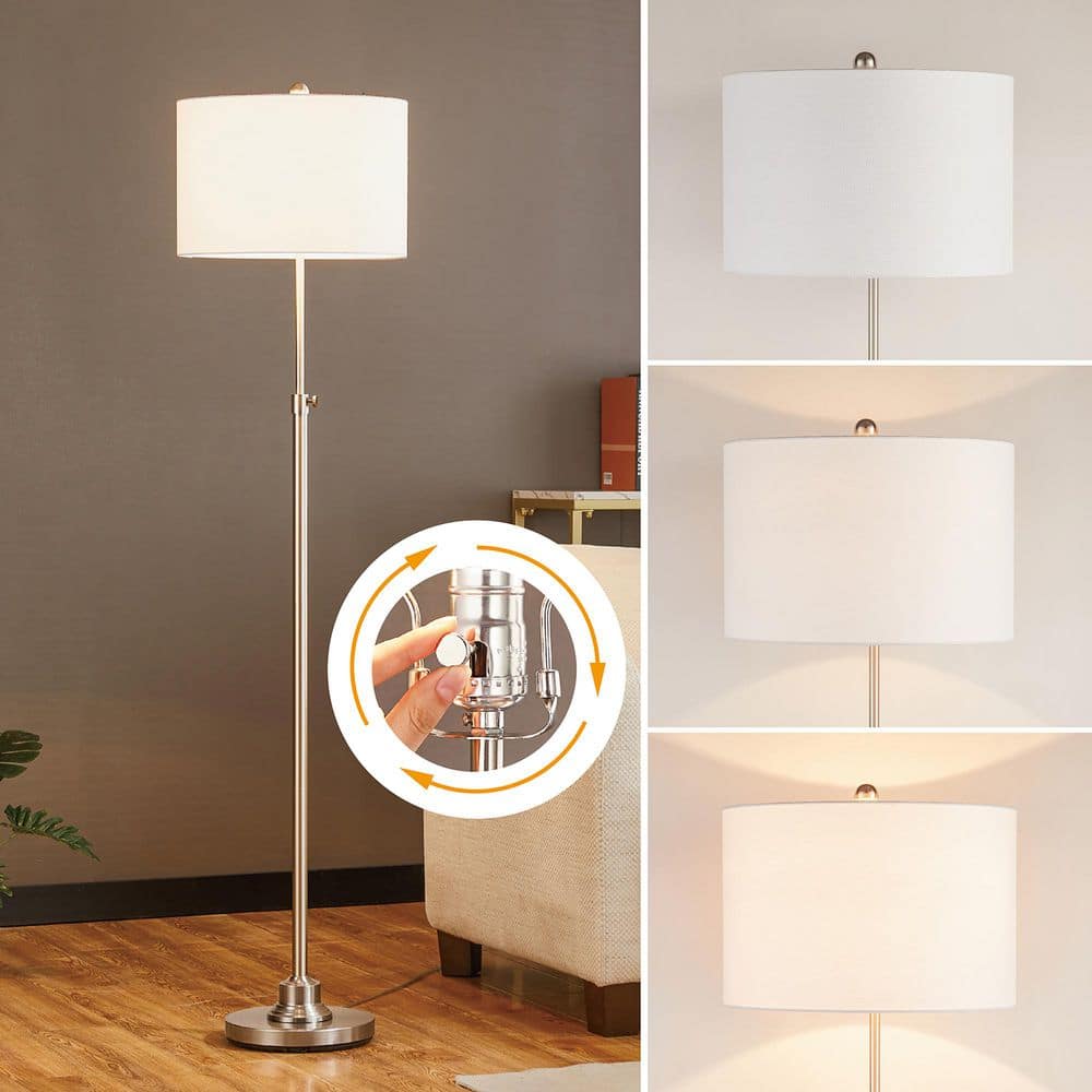 63.5" Brushed Nickel Adjustable Floor Lamp with White Linen Shade