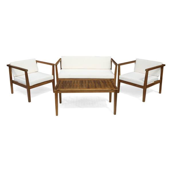 Unbranded Teak 4-Piece Acacia Wood Outdoor 4-Seater Sectional Set with Coffee Table and Beige Cushions
