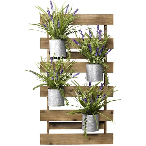 D&W Silks Indoor Wooden Slat Wall with Wild Lavender in Tin Cans