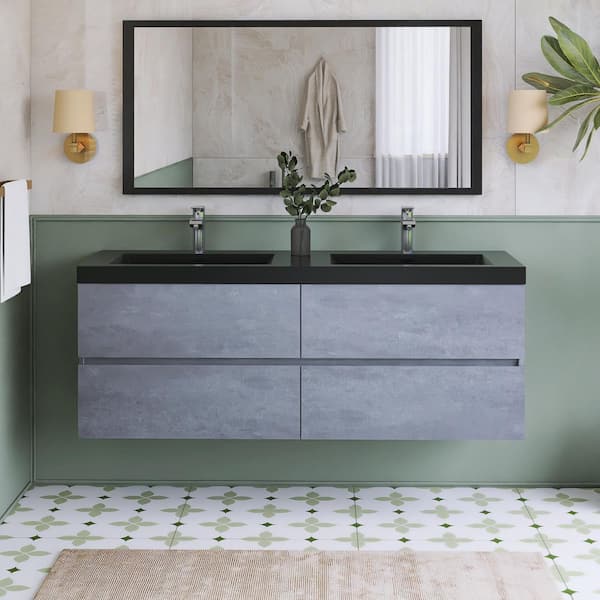 59.06 in. W x 19.7 in. D x 22.5 in. H Double Sink Wall Mounted Bath Vanity in Grey with Black Quartz Sand Top