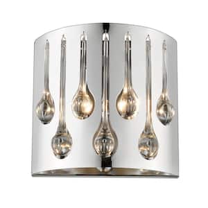 Oberon 12 in. 2-Light Chrome Wall Sconce Light with Crystal and Steel Shade with No Bulbs Included
