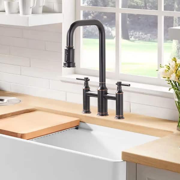 3 Patterns Double Handle Pull Down Bridge Kitchen Faucet with 360° Swivel Spout for 3 Holes in Oil Rubbed Bronze