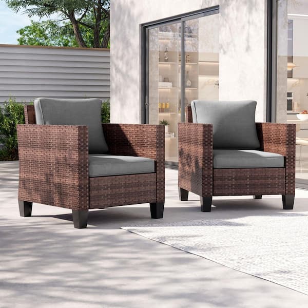2-Piece Patio Sofa Brown Wicker Outdoor Single Sofa Set, Gray