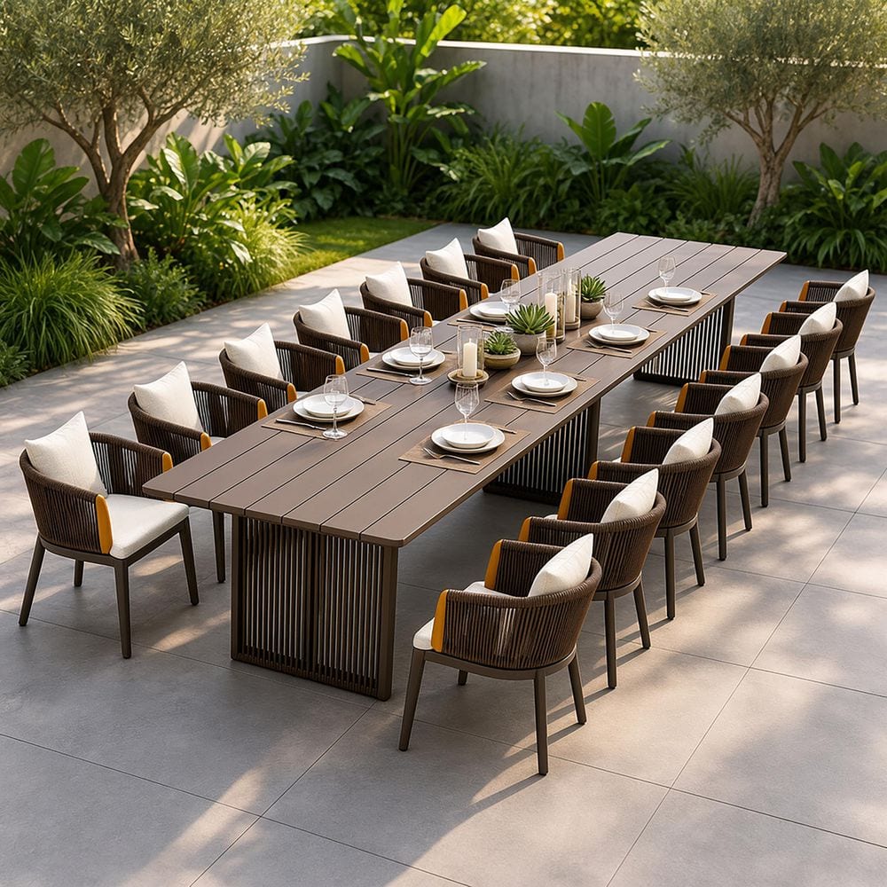 15-Piece Aluminum All-Weather Wicker Outdoor Dining Set with Cushion, Brown