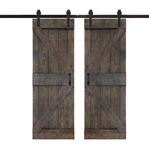 K Series 60 in. x 84 in. Smoky Gray Finished DIY Knotty Pine Wood Double Sliding Barn Door with Hardware Kit