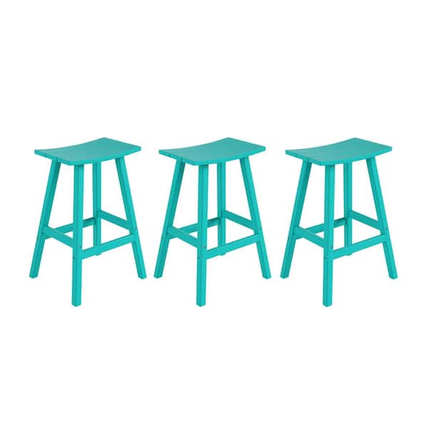 Franklin Turquoise 29 in. Poly HDPE Fade Resistant Outdoor Patio Saddle Seat Pub Height Bar Stool (Set of 3)