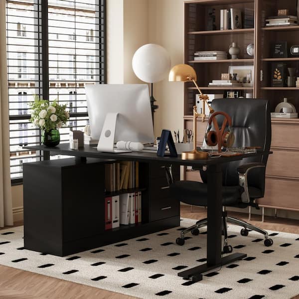 FUFU&GAGA 63 in. Width L-Shape Black Wooden 3-Drawer Writing Desk with Adjustable Height, Open Shelves & A Door Storage Cabinet