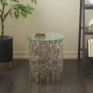 18 in. W. x 21 in. Silver Metallic Cutout Abstract Round Metal Coffee Table with Glass Tabletop