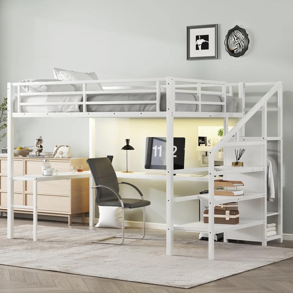 White Queen Size Metal Loft Bed with L-Shaped Desk, USB, Wardrobe, LED price history on PriceWatchPro
