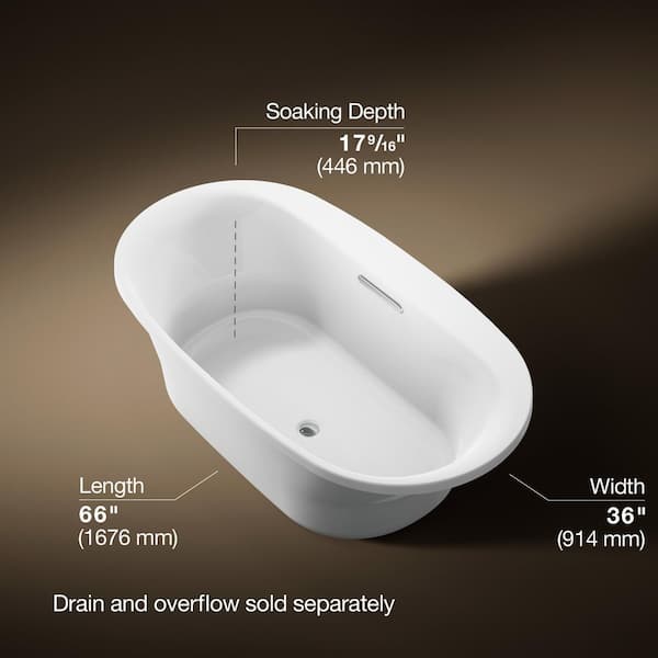 Underscore 66 in. x 36 in. Acrylic Oval Drop-in Soaking Bathtub with Center Drain in White