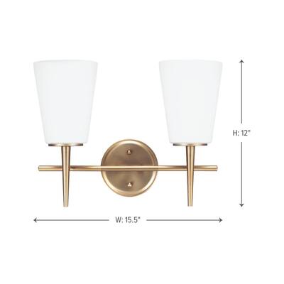 Driscoll 15.5 in. W. 2-Light Satin Brass Wall/Bath Vanity Light with Inside White Painted Etched Glass