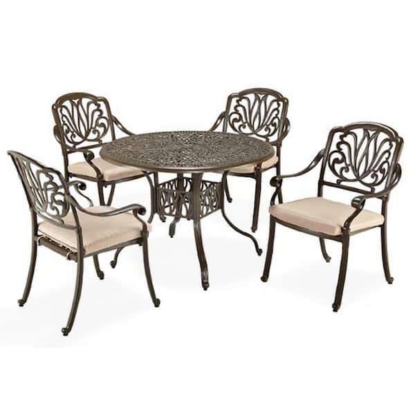 HOMESTYLES Capri Taupe Tan Brown 5-Piece Cast Aluminum Round Outdoor Dining Set with Natural Tan Cushions