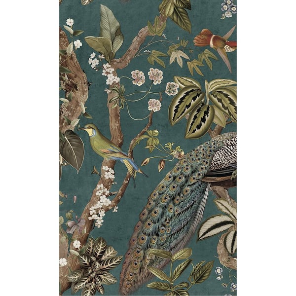 Walls Republic Aqua Climbing Peacock & Climbing Florals Printed Non-Woven Non-Pasted Textured Wallpaper 57 Sq. Ft.