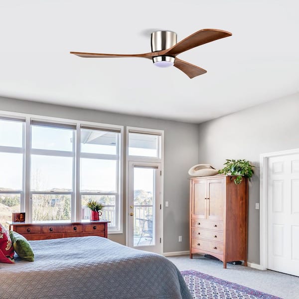 Light Pro 52 in. Smart Indoor Nickel Flush Mount Low Profile Standard Ceiling Fan with Brown Finish and Remote Control