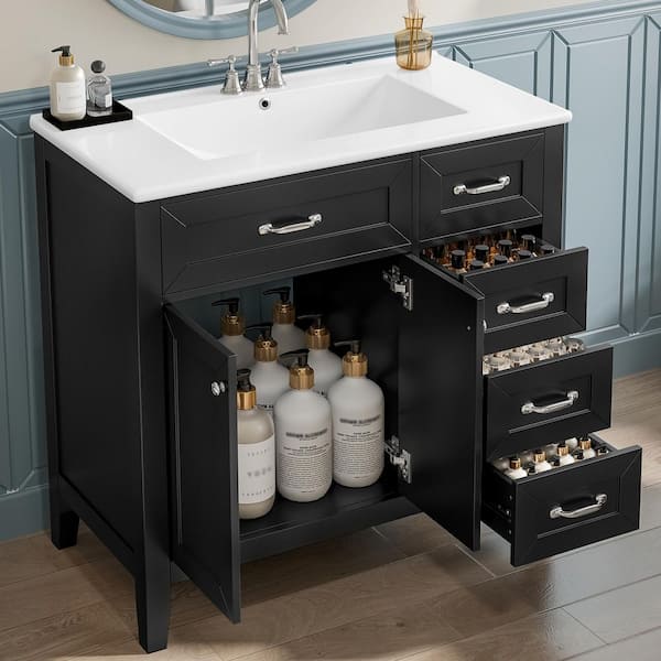 36 in. W x 18 in. D x 36 in. H Freestanding Bath Vanity in Black with White Ceramic Top