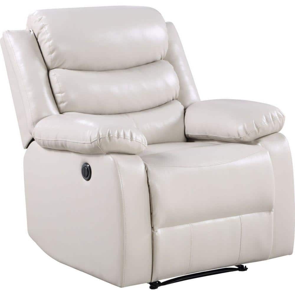 Benjara Cream Faux Leather Power Recliner Chair with Split Back and Pillow Top, Ivory -  BM250343