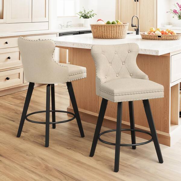 Apollo 27 in. Counter Stool Beige Fabric Upholstered Button Tufted Swivel Bar Stool with Wood Frame Set of 2