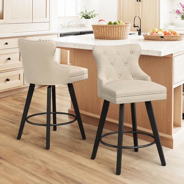 OrangeOne Apollo 27 in. Counter Stool Beige Fabric Upholstered Button Tufted Swivel Bar Stool with Wood Frame Set of 2