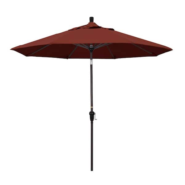 California Umbrella 9 ft. Bronze Aluminum Pole Market Aluminum Ribs Auto Tilt Crank Lift Patio Umbrella in Henna Sunbrella