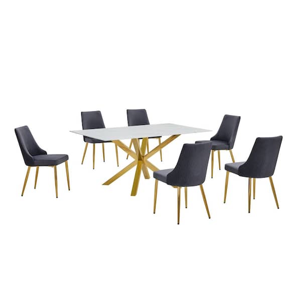 Best Quality Furniture Riley 7-Piece White Marble Wrap Glass Top Cross Leg Base Dining Set with 6 Dark Grey Gold Chrome Chairs