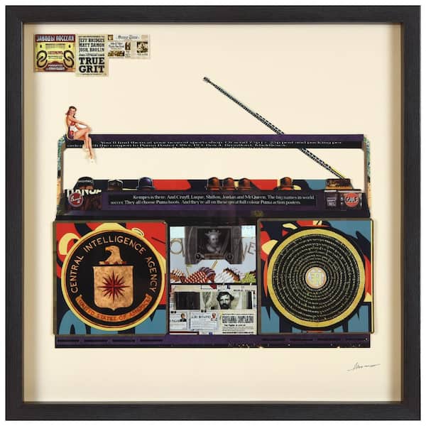 Empire Art Direct "CIA Boombox" Alex Zeng's dimensional art collage, under glass and a black shadow box frame, 25 in. x 25 in.