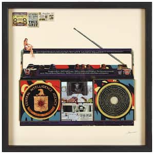 "CIA Boombox" Alex Zeng’s dimensional art collage, under glass and a black shadow box frame, 25 in. x 25 in.